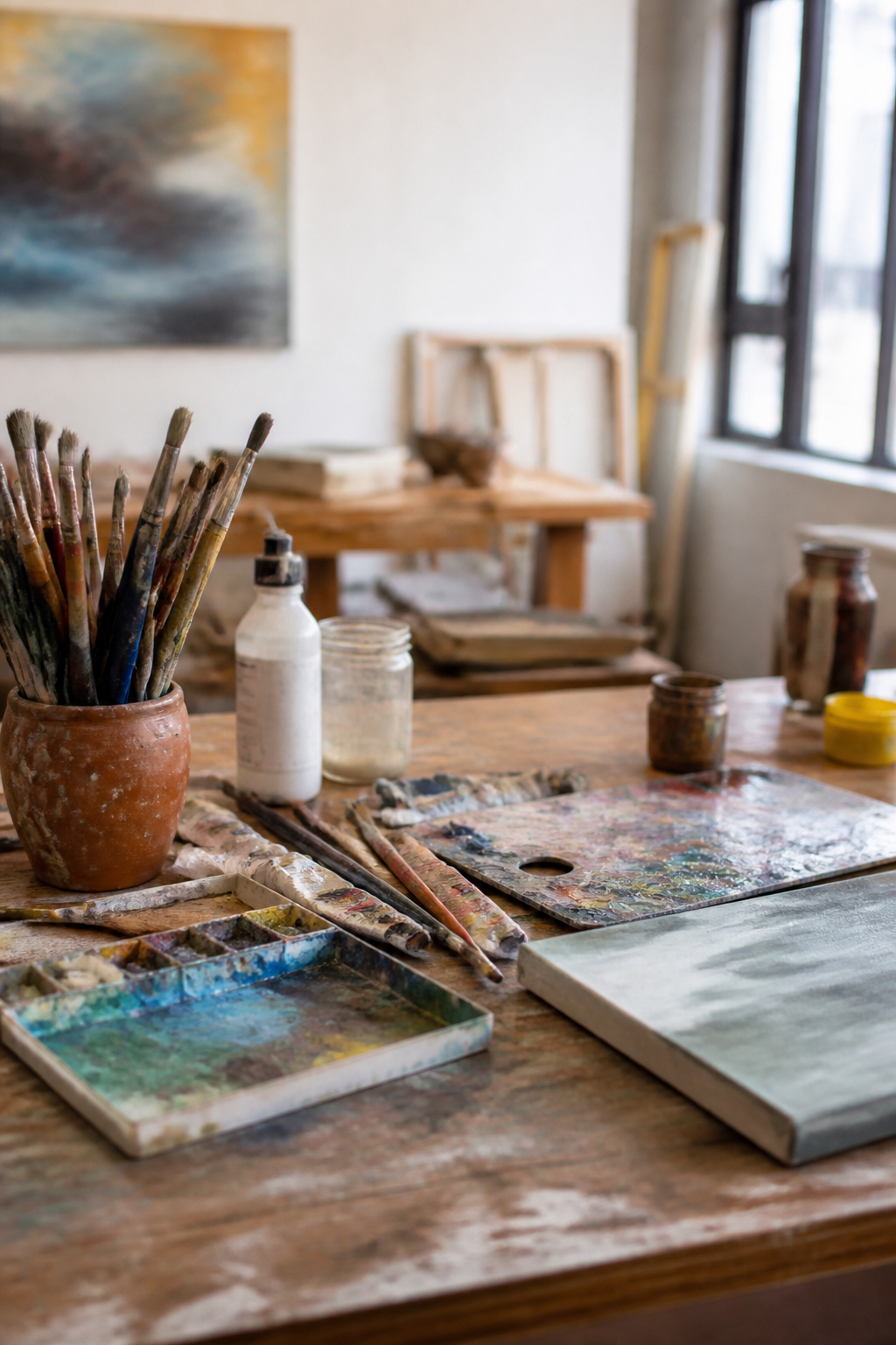 Table d'atelier couverte de pots de gouache, de pinceaux dans des bocaux et de feuilles peintes mises &agrave; s&eacute;cher.