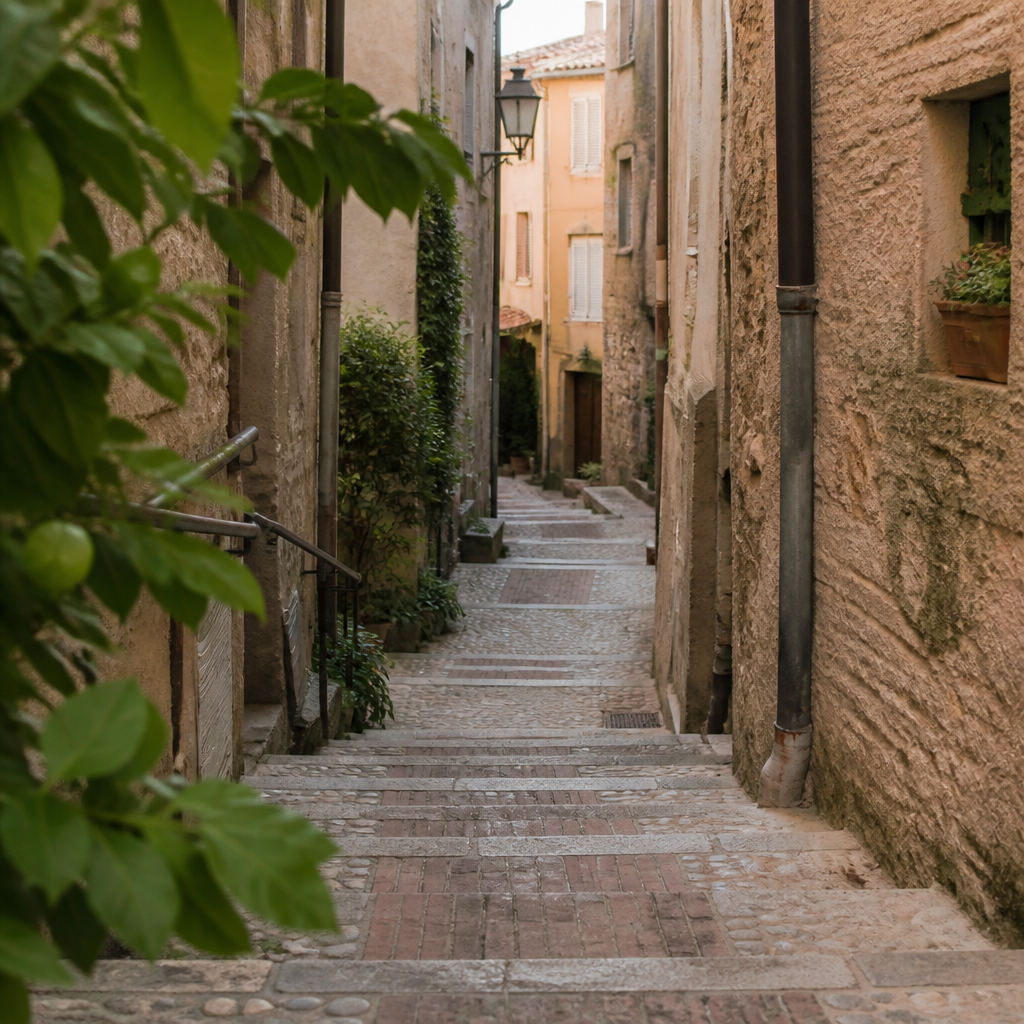 Ruelle en escalier d'un village perch&eacute; de la C&ocirc;te d'Azur, fa&ccedil;ades ocre, volets bleus et lauriers en pot devant les portes.