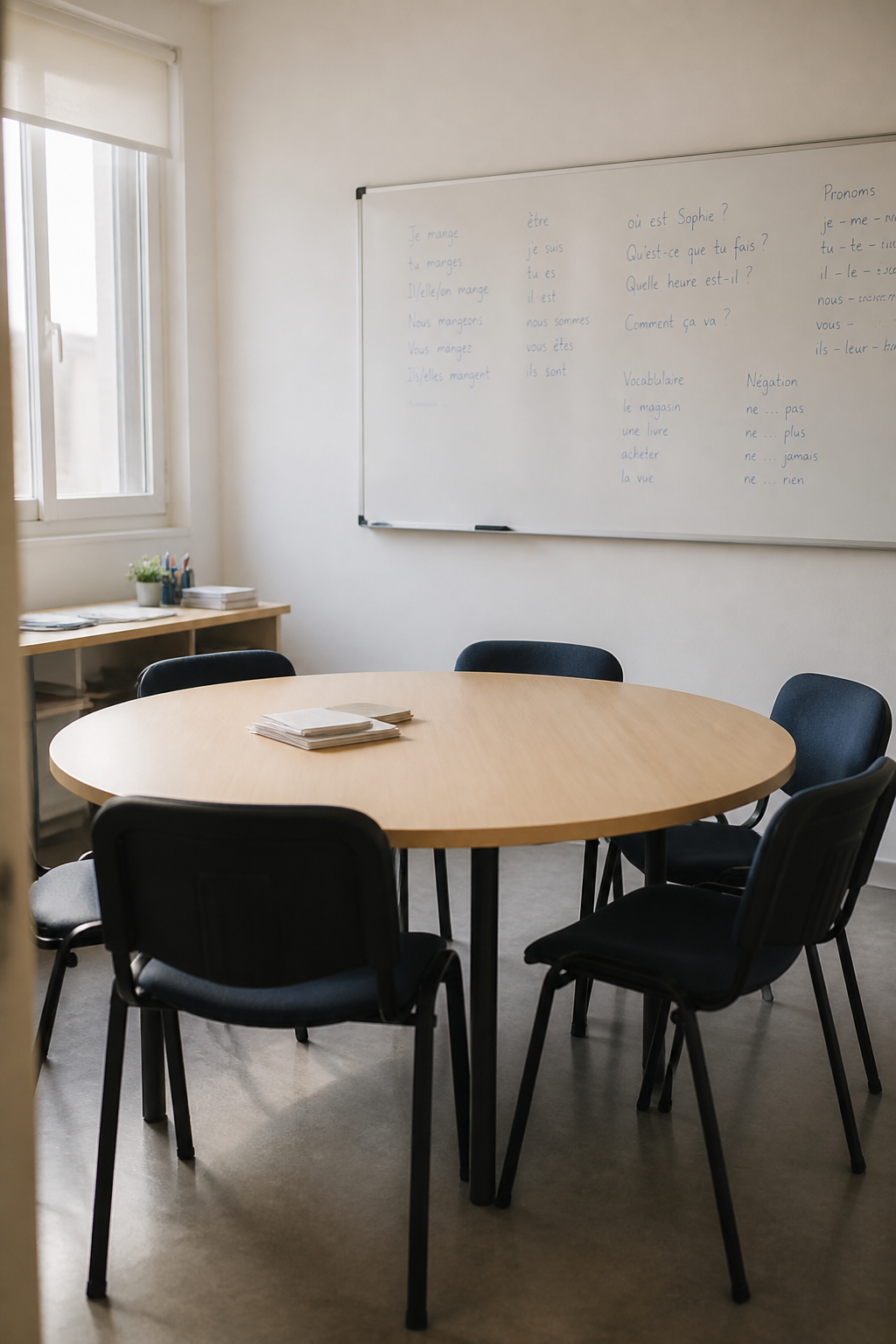 Petite salle de cours avec un tableau blanc couvert de phrases et une table ronde entour&eacute;e de chaises vides.