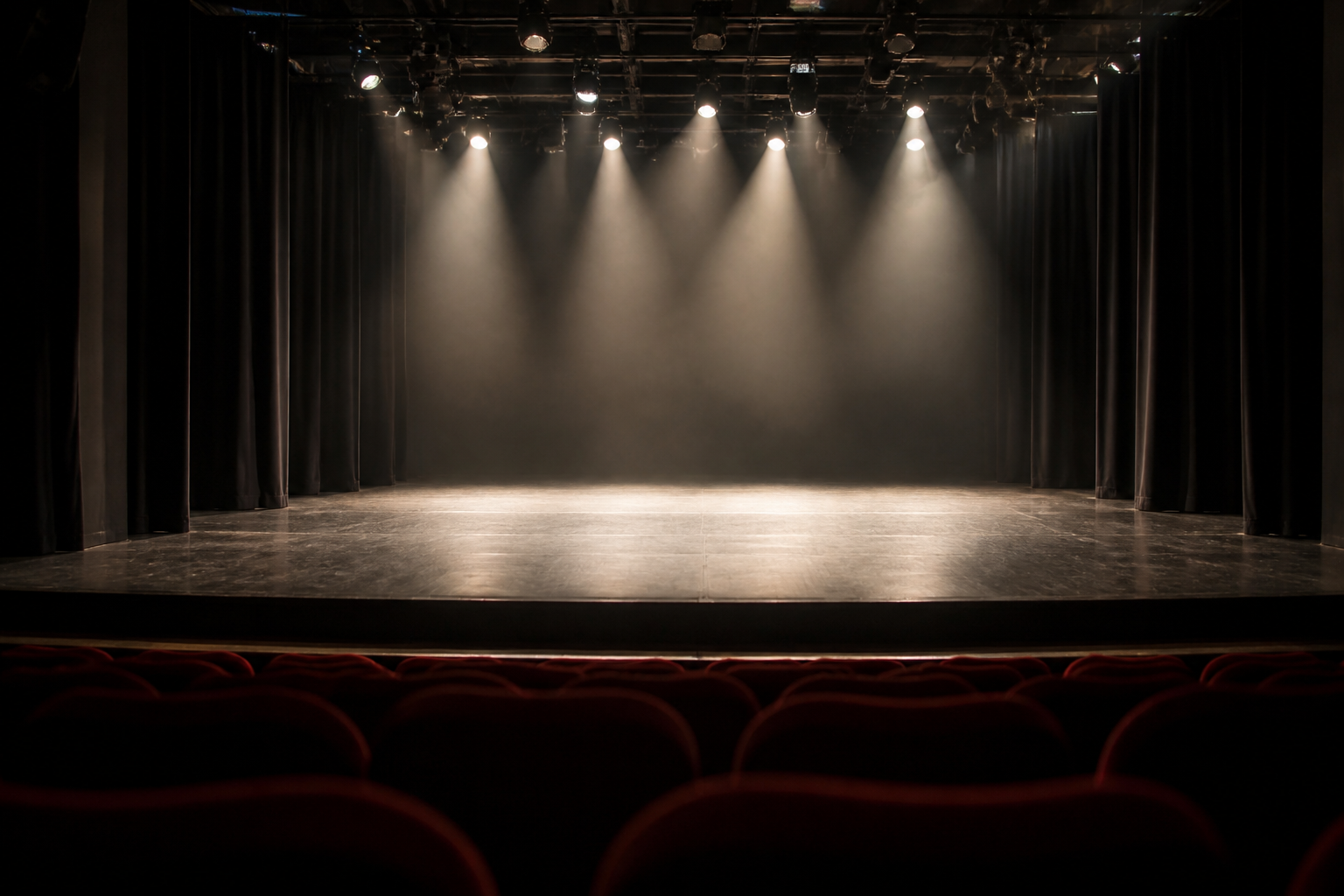 Plateau de th&eacute;&acirc;tre vide vu depuis la salle, pendrillons noirs sur les c&ocirc;t&eacute;s et projecteurs allum&eacute;s en douche.